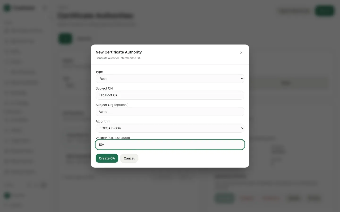 The filled New Certificate Authority dialog