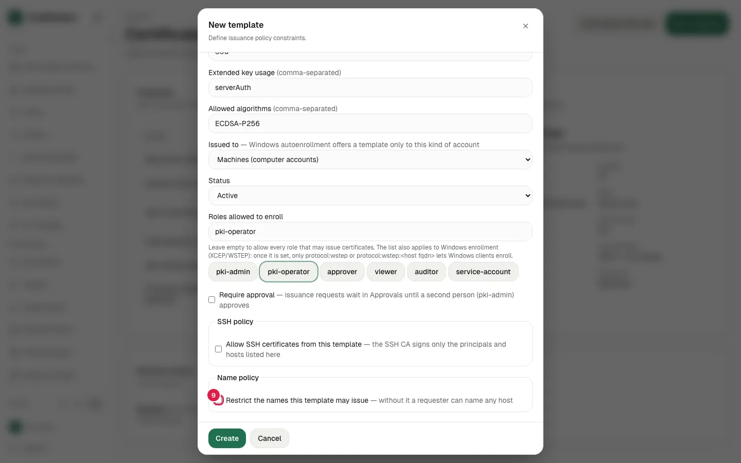 Further down the dialog: approval, SSH and name-restriction options