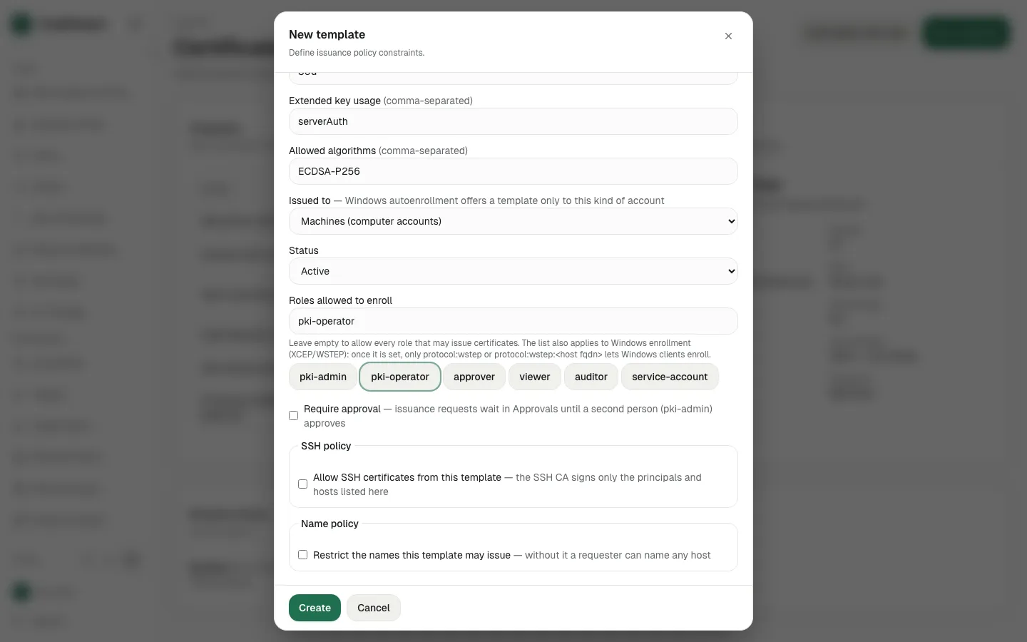 The filled New template dialog