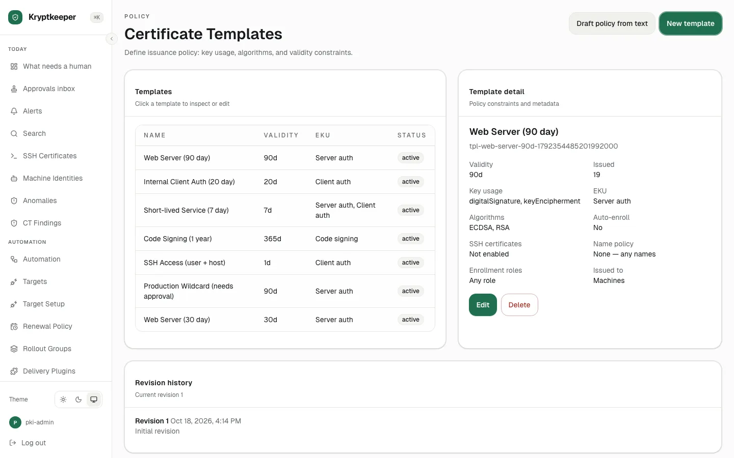 Create machine and user templates screen in Kryptkeeper