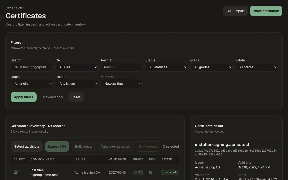 Issuing certificates screen in Kryptkeeper