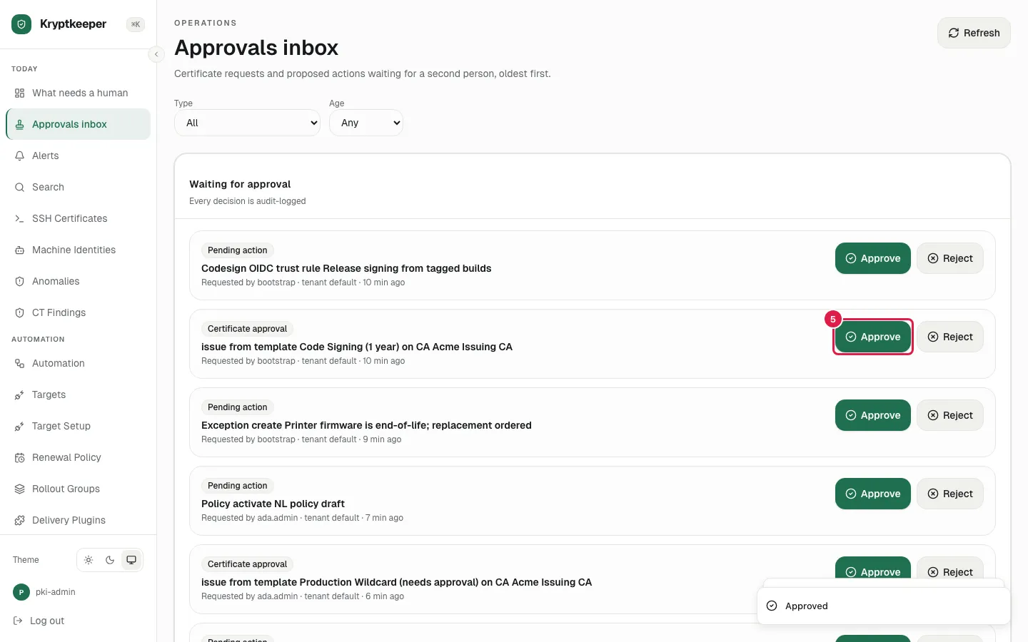 Approve a pending request screen in Kryptkeeper