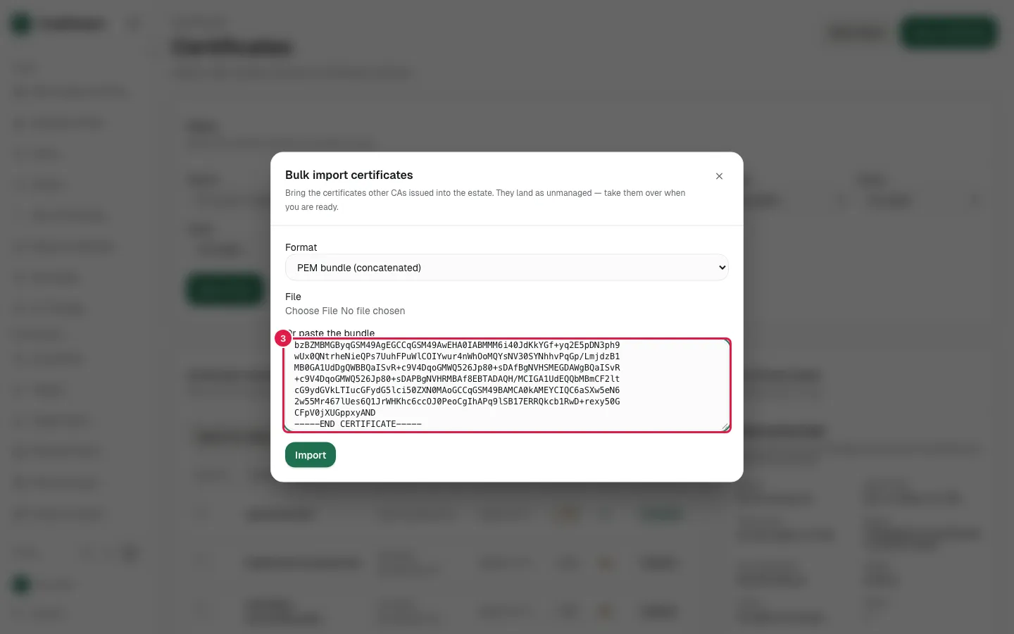 Fill Bulk import bundle with "-----BEGIN CERTIFICATE-----
MIIB6DCCAY2gAwIBAgIUMgIrsJhjZ4HS1cVq89HRFxDJOoIwCgYIKoZIzj0EAwIw
NzEgMB4GA1UEAwwXaW1wb3J0ZWQtMS5wYXJ0bmVyLnRlc3QxEzARBgNVBAoMClBh
cnRuZXIgQ28wHhcNMjYxMDE4MDc1OTUzWhcNMjcxMDE4MDc1OTUzWjA3MSAwHgYD
VQQDDBdpbXBvcnRlZC0xLnBhcnRuZXIudGVzdDETMBEGA1UECgwKUGFydG5lciBD
bzBZMBMGByqGSM49AgEGCCqGSM49AwEHA0IABPm7zDPmrsIdcmGnMgWzcHP5boQi
6w/8K9kCxZuByDeynRRdvTTL8AxgvDd3EkGE9qMI63leP/vTp3gcTYVK/PujdzB1
MB0GA1UdDgQWBBRbneGyJq5CUegjram+KF9STvm+HDAfBgNVHSMEGDAWgBRbneGy
Jq5CUegjram+KF9STvm+HDAPBgNVHRMBAf8EBTADAQH/MCIGA1UdEQQbMBmCF2lt
cG9ydGVkLTEucGFydG5lci50ZXN0MAoGCCqGSM49BAMCA0kAMEYCIQCEAfZ3WZSR
UmaxCo2tgZXZ41sL4LV0VUwDIegqYys9IQIhAP7iWTaUSUpaLFJn7ig/Htw/kGXG
9pcfbtwafbSXYojk
-----END CERTIFICATE-----
-----BEGIN CERTIFICATE-----
MIIB6DCCAY2gAwIBAgIUDZjOLXCnPbEkmmGZsp0Nt/N0+dMwCgYIKoZIzj0EAwIw
NzEgMB4GA1UEAwwXaW1wb3J0ZWQtMi5wYXJ0bmVyLnRlc3QxEzARBgNVBAoMClBh
cnRuZXIgQ28wHhcNMjYxMDE4MDc1OTUzWhcNMjcxMDE4MDc1OTUzWjA3MSAwHgYD
VQQDDBdpbXBvcnRlZC0yLnBhcnRuZXIudGVzdDETMBEGA1UECgwKUGFydG5lciBD
bzBZMBMGByqGSM49AgEGCCqGSM49AwEHA0IABMMM6i40JdKkYGf+yq2E5pDN3ph9
wUx0QNtrheNieQPs7UuhFPuWlCOIYwur4nWhOoMQYsNV30SYNhhvPqGp/LmjdzB1
MB0GA1UdDgQWBBQaISvR+c9V4DqoGMWQ526Jp80+sDAfBgNVHSMEGDAWgBQaISvR
+c9V4DqoGMWQ526Jp80+sDAPBgNVHRMBAf8EBTADAQH/MCIGA1UdEQQbMBmCF2lt
cG9ydGVkLTIucGFydG5lci50ZXN0MAoGCCqGSM49BAMCA0kAMEYCIQC6aSXw5eN6
2w55Mr467lUes6Q1JrWHKhc6ccOJ0PeoCgIhAPq9lSB17ERRQkcb1RwD+rexy50G
CFpV0jXUGppxyAND
-----END CERTIFICATE-----"