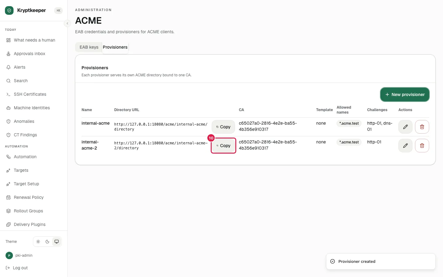 Locate Copy directory URL for internal-acme-2