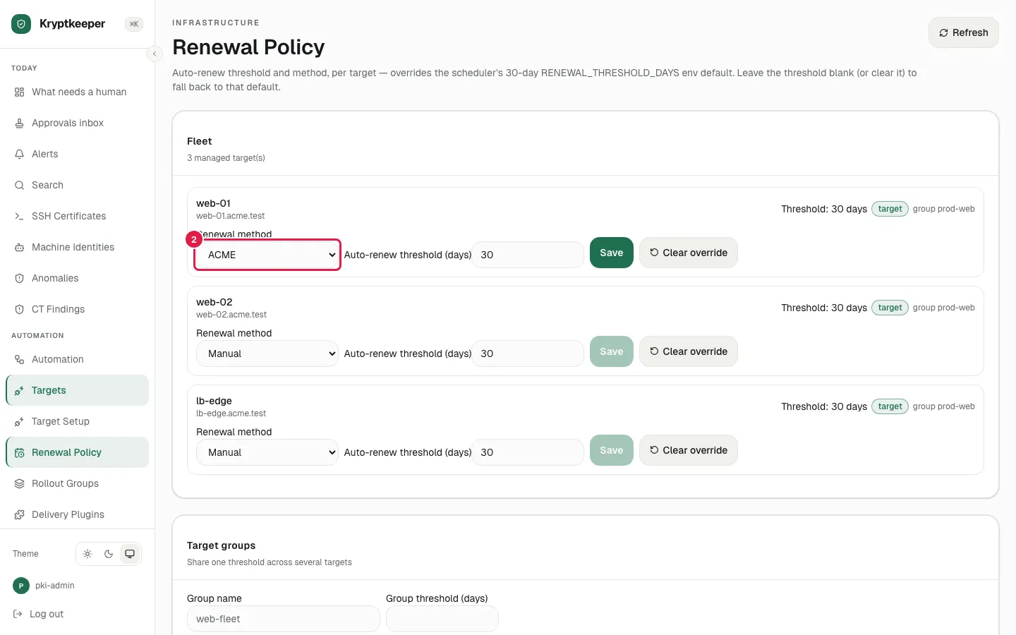 Select "ACME" in web-01 renewal method