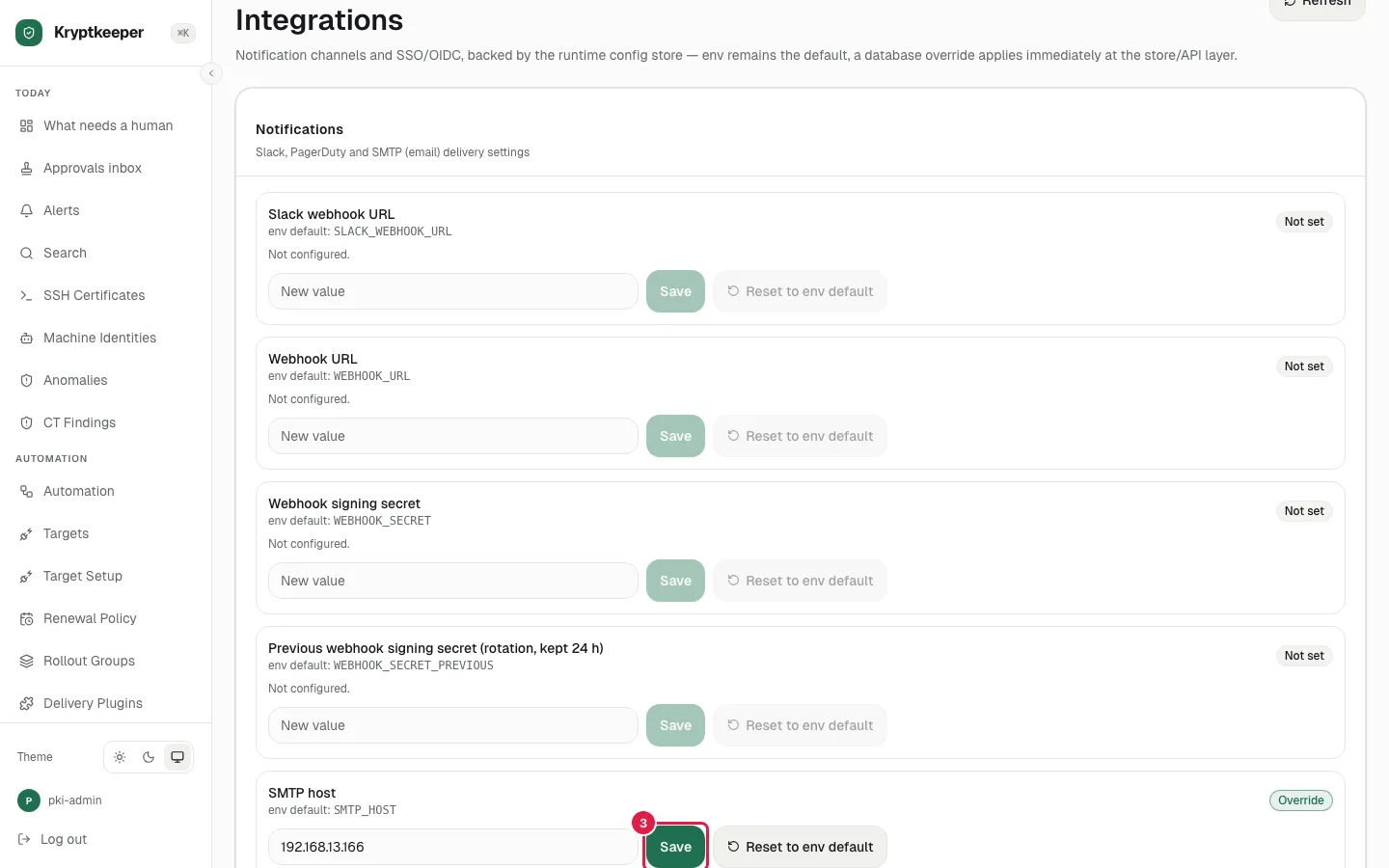 Click Save on the SMTP host row