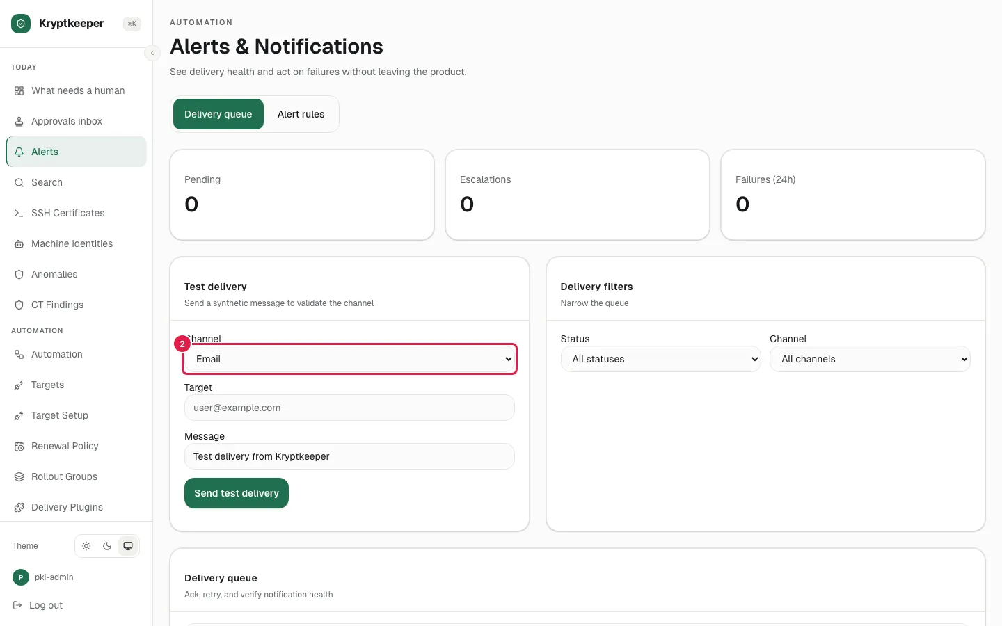 Select "Email" in Notification test channel
