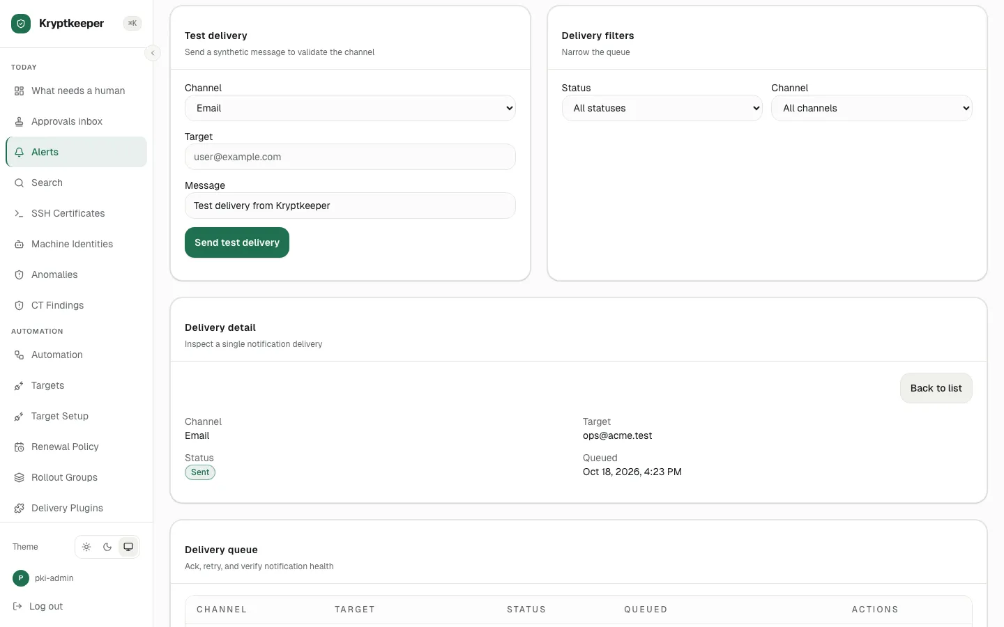 Click a delivery row to open its detail, attempts and actions
