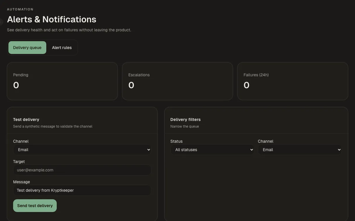 Alerts and notifications screen in Kryptkeeper
