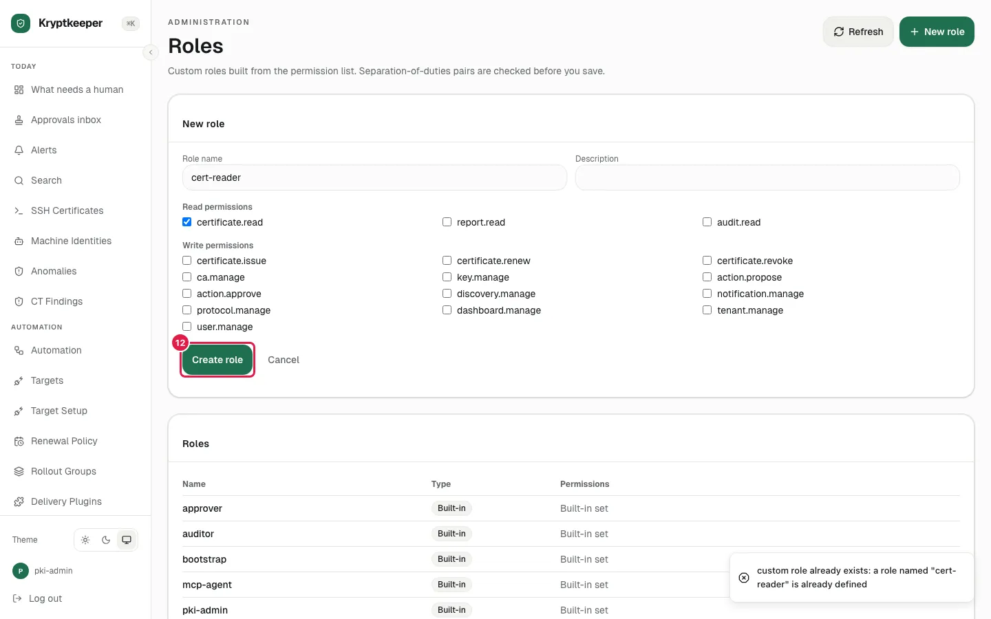 Creating a role with a name that already exists shows an error