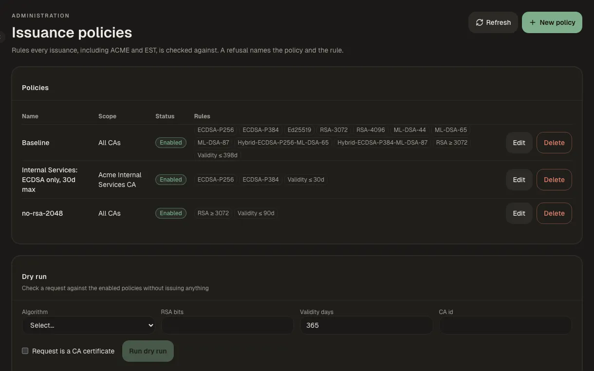 Templates and policy screen in Kryptkeeper