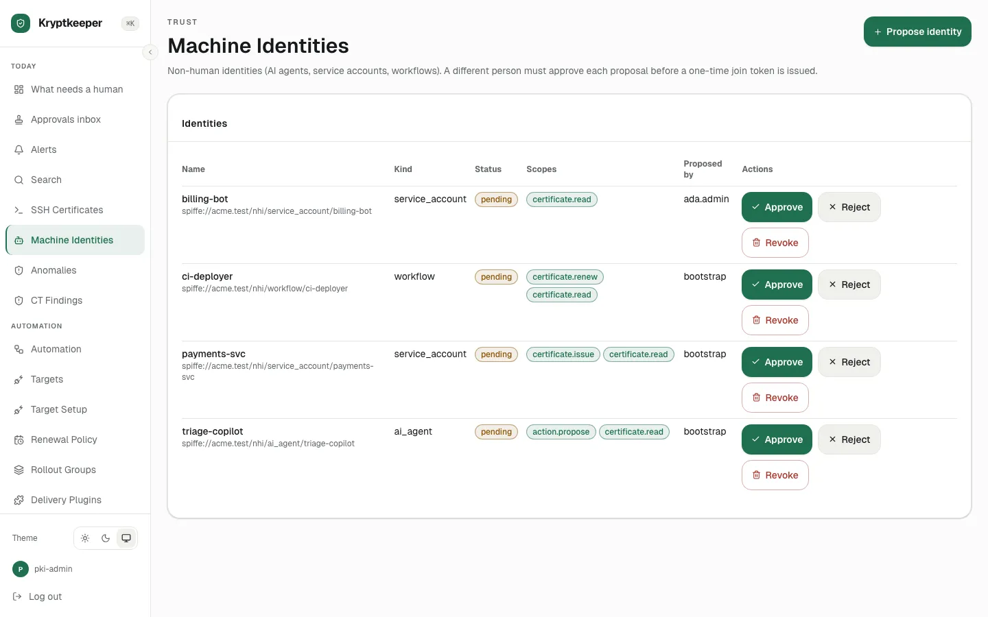 Propose and approve a machine identity screen in Kryptkeeper