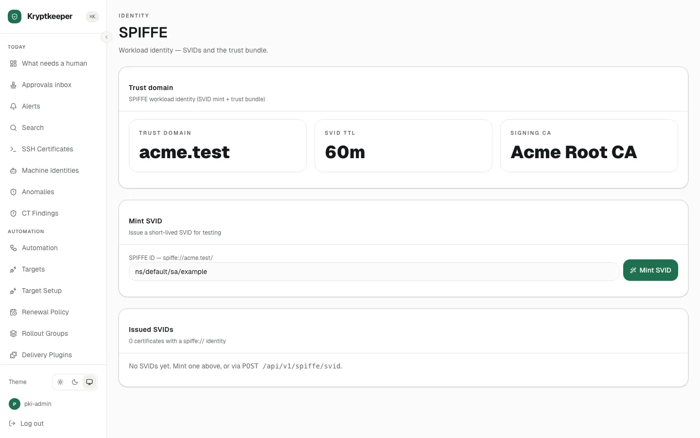 Issue SPIFFE SVIDs screen in Kryptkeeper