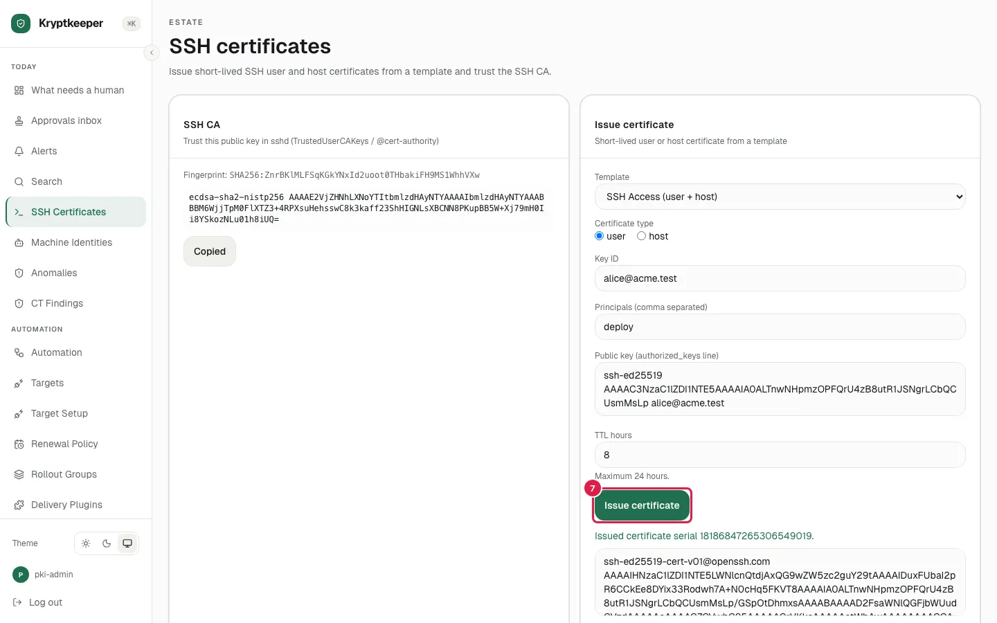 Issue SSH certificates screen in Kryptkeeper