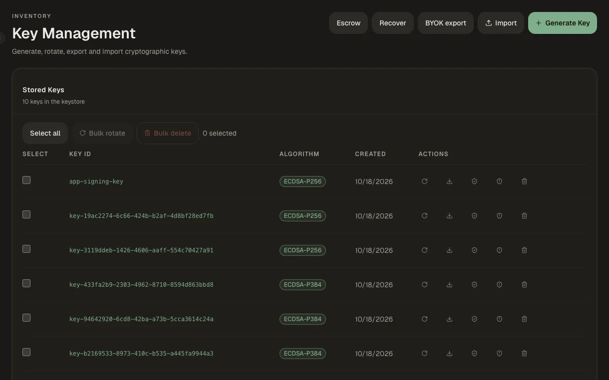 Keys and KMS screen in Kryptkeeper