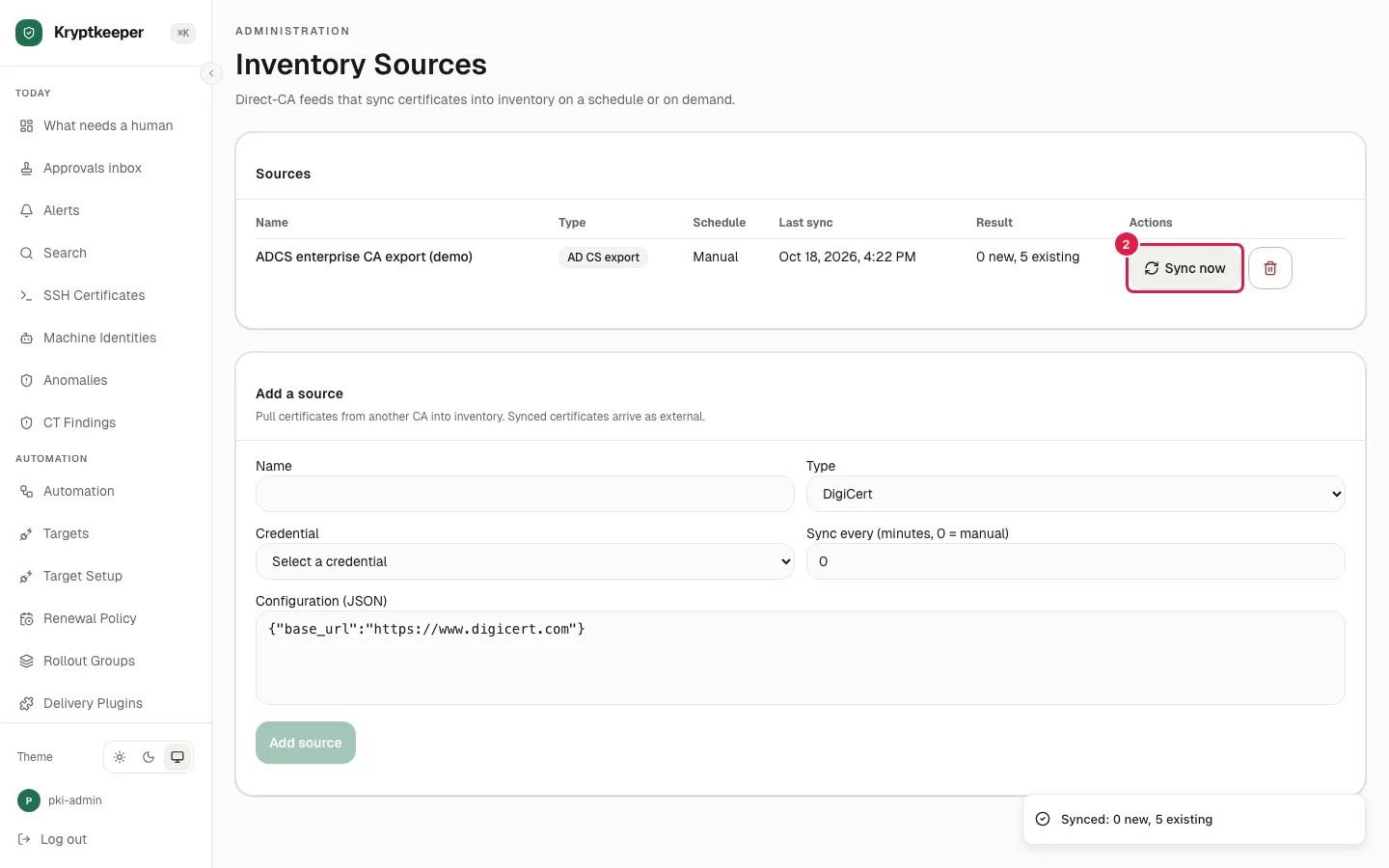 Click Sync ADCS enterprise CA export (demo) now