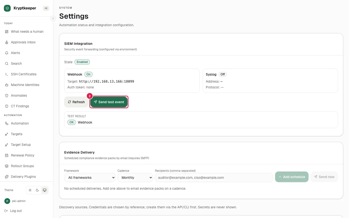 Forward security events to a SIEM screen in Kryptkeeper